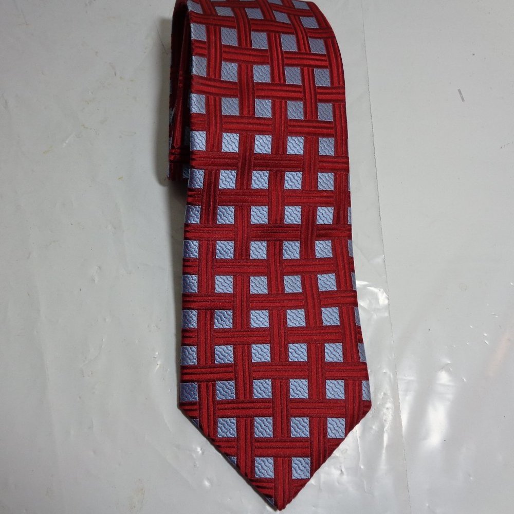 Bugatchi 100% Silk Neck Tie Geometric Red & Silver